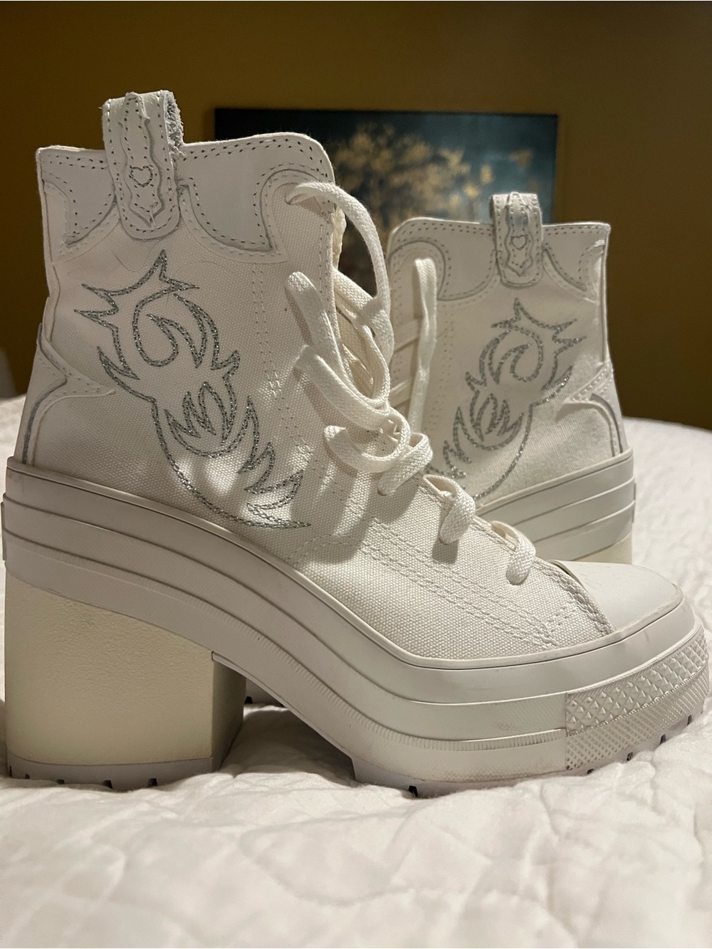 Converse White Lace-Up Platform Heeled Ankle Boots with Silver Stitching